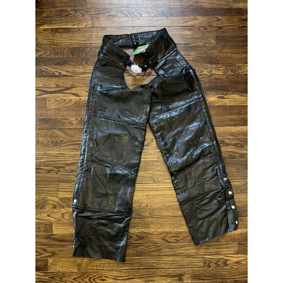 Black Leather Riding Chaps Men's Size XL Giovanni Navarre Italian Stone Biker - Picture 1 of 12